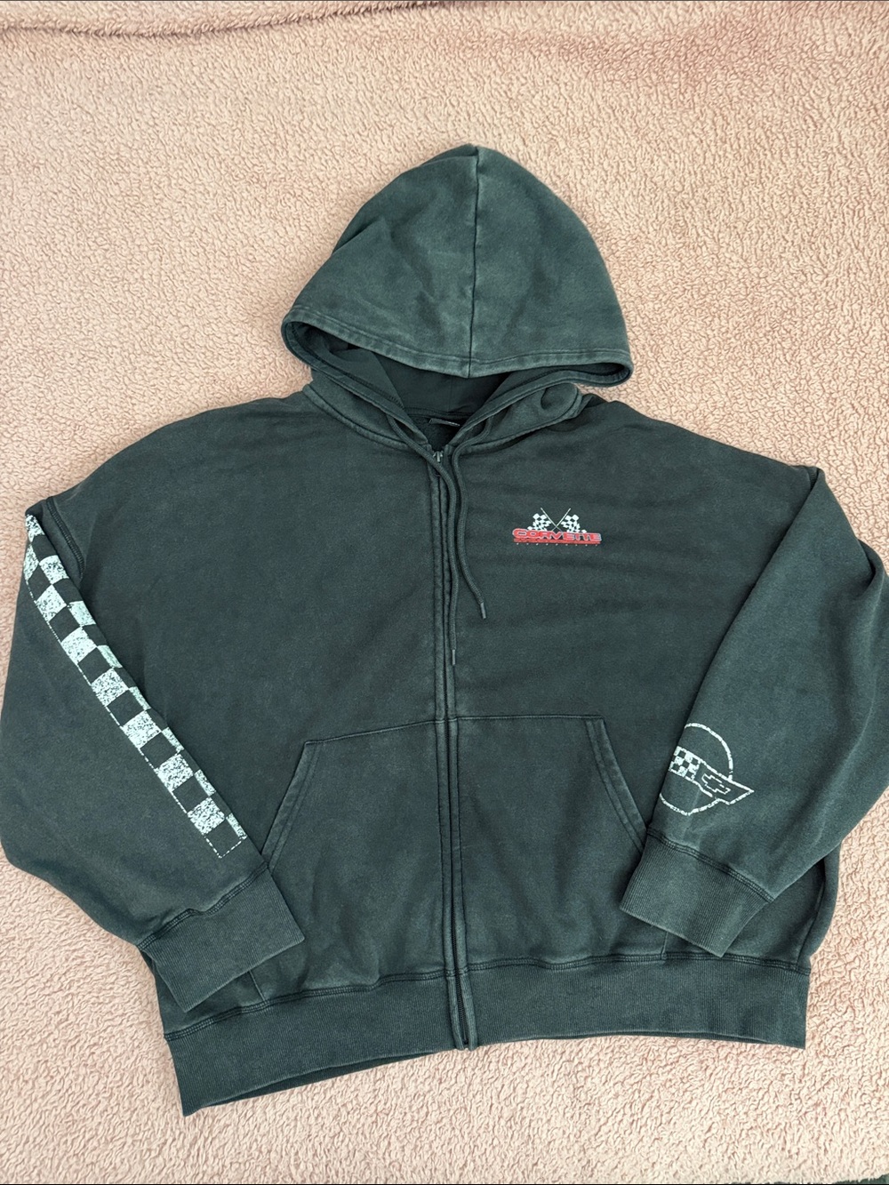 Faded Gray Zip-Up Hoodie with Racing Graphics